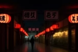 浓雾中信号塔顶端亮起的红色指示灯